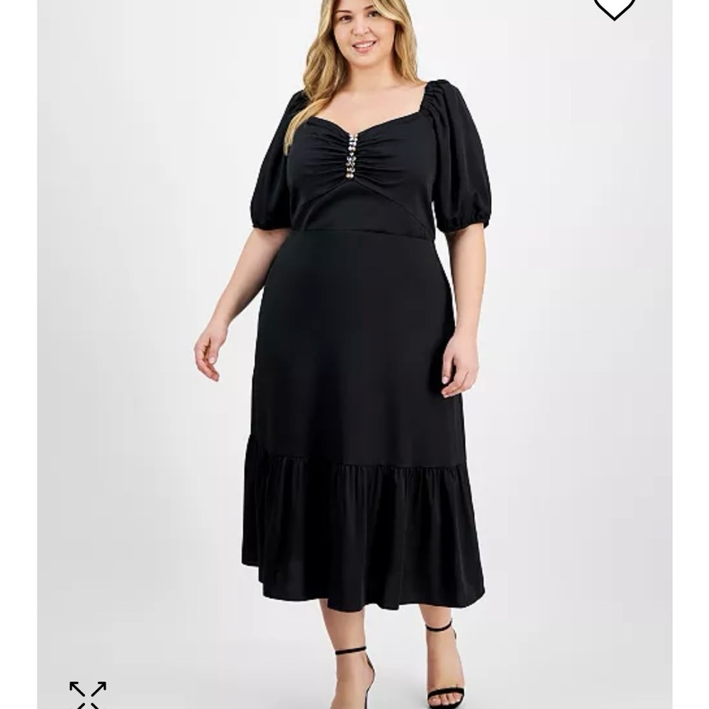 Anne Klein Black Puff Sleeve Sweetheart Midi Dress